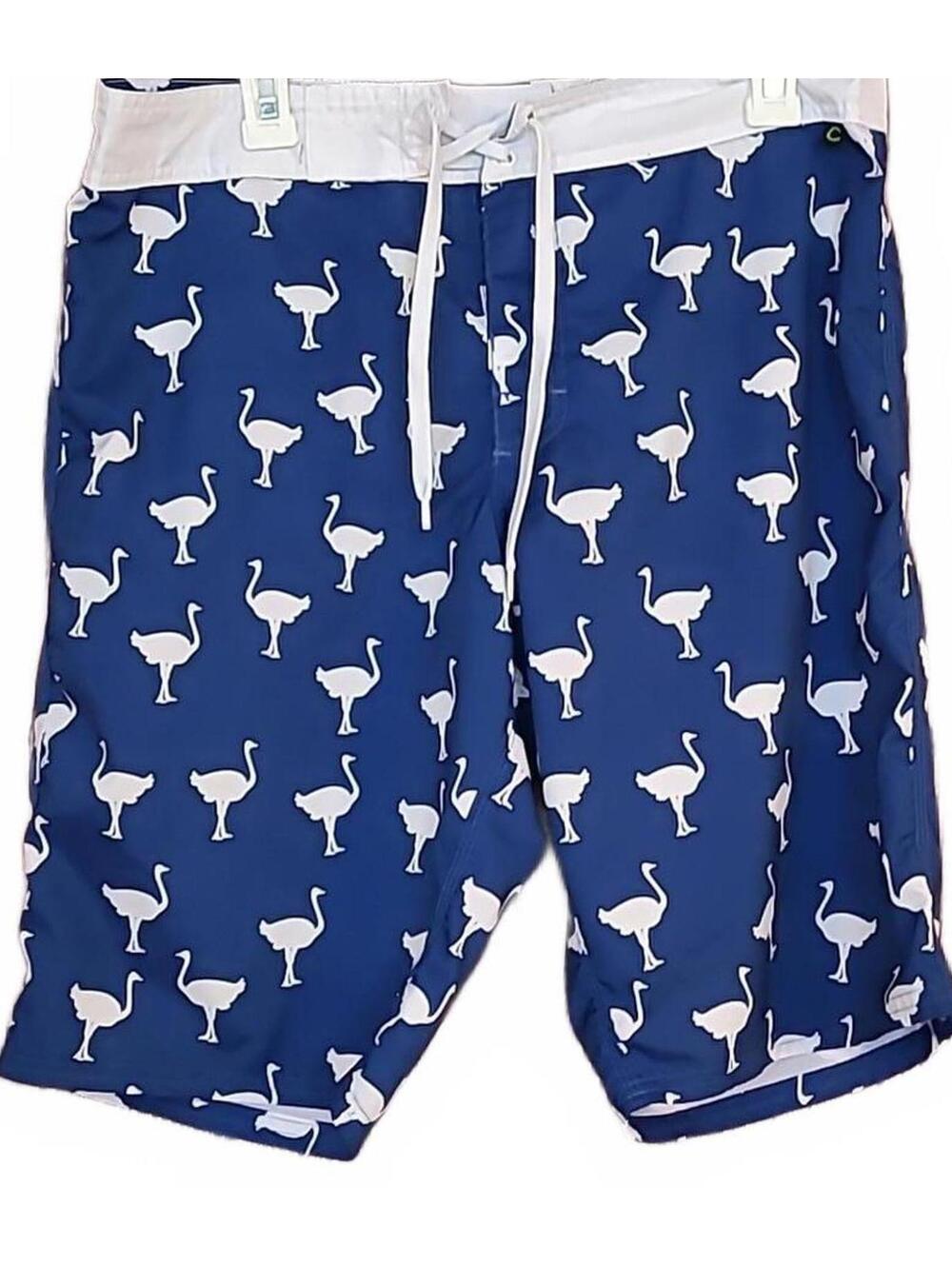Chive Mens Size 33 Blue/White Lace Up Swim Trunks Boardshorts - Ostrich design